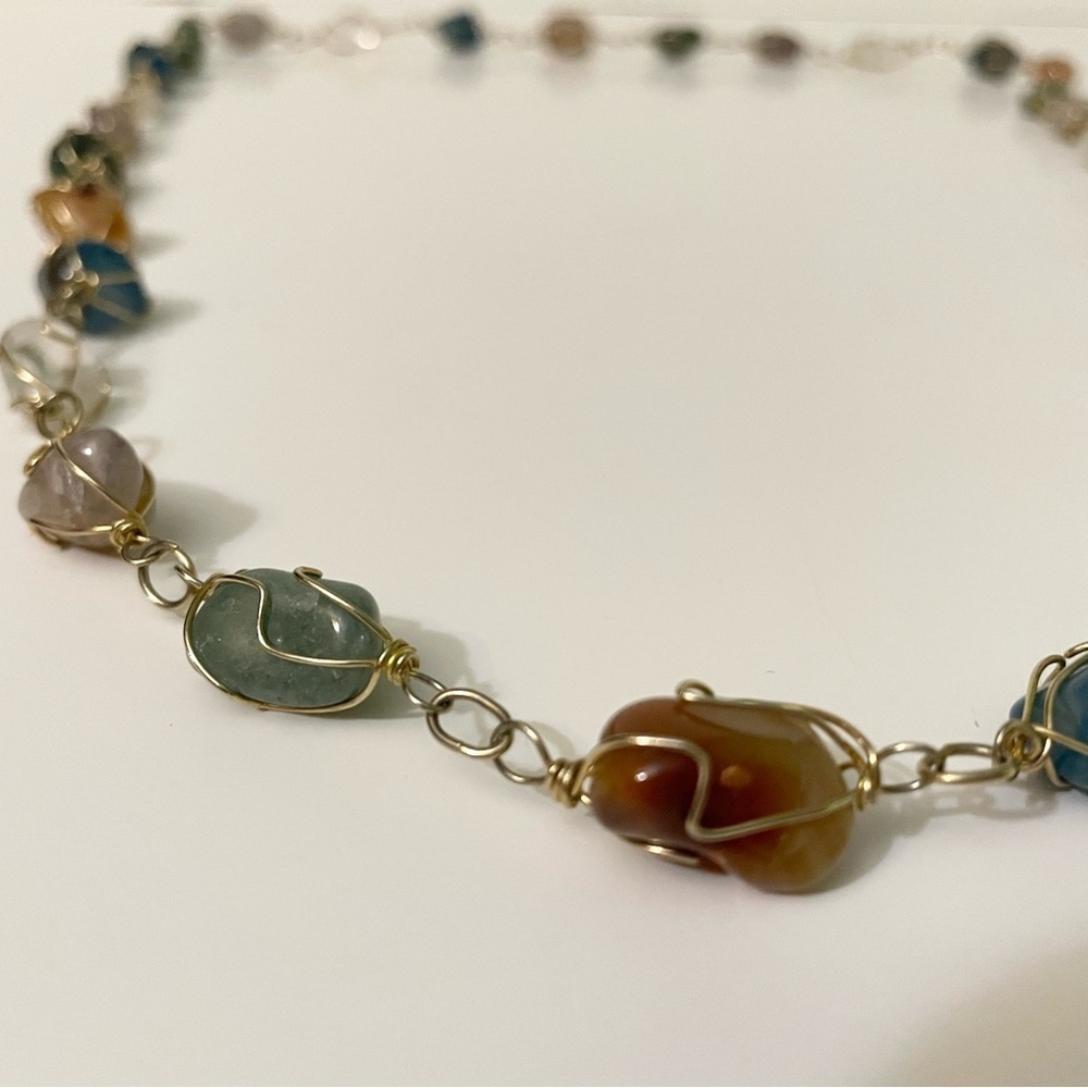 Boho Multi Gemstone Wire Wrapped Necklace Tumbled Stone Crystal Jewelry - Picture 3 of 15